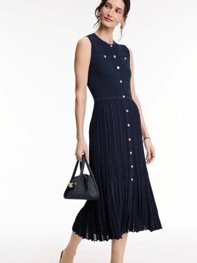 Maje Navy Sleeveless Knit Midi Dress Size 38 US 4-6 MSRP $445